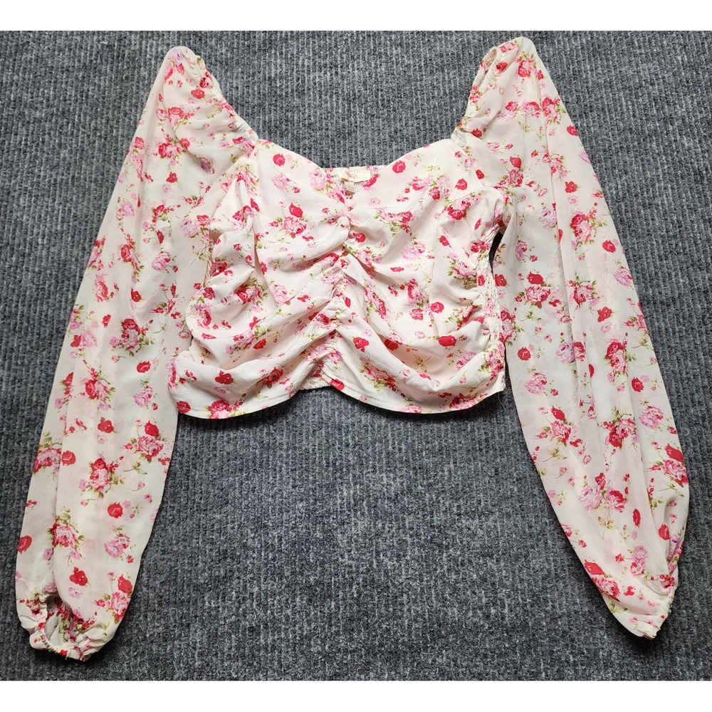Peach Floral Ruched Crop Top Long Sleeve Pink Rose Print Blouse Large